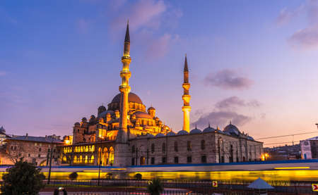 ISTANBUL, TURKEY - FEBRUARY 21: View on the Mosque Yeni Cami at sunset on February 21, 2016 in Istanbul, Turkey.のeditorial素材