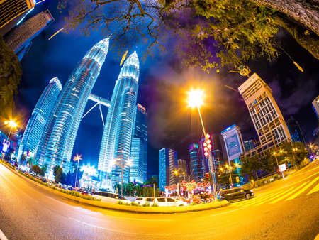 KUALA LUMPUR, MALAYSIA - FEBRUARY  02, 2016: View on the Petronas twin towers at night on February 16, 2016 in Kuala Lumpur, Malaysia.のeditorial素材