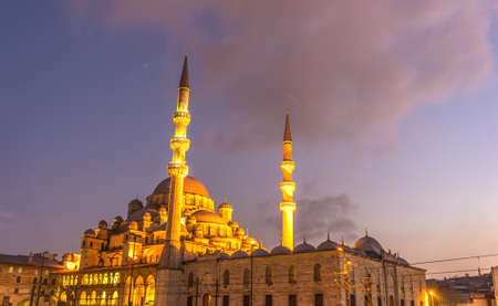 ISTANBUL, TURKEY - FEBRUARY 21: View on the Mosque Yeni Cami at sunset on February 21, 2016 in...