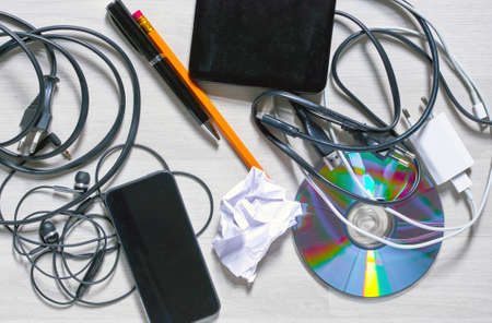 View of a messy tabletopの写真素材