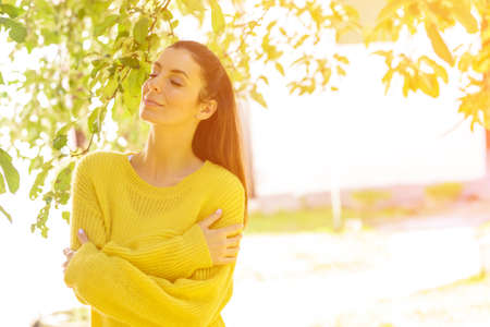 Portrait of a beautiful woman in Autumnの写真素材