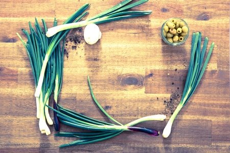 Spring onions and Olivesの写真素材