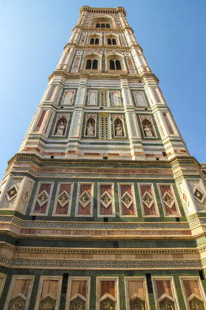 View on the Bell tower of the Cathedral of Santa Maria in Florence, Italy at night.の写真素材