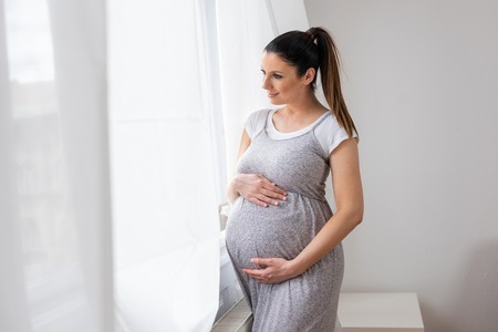 A beautiful young pregnant woman standing next to the window in an elegant grey dress with hands on her belly.の写真素材