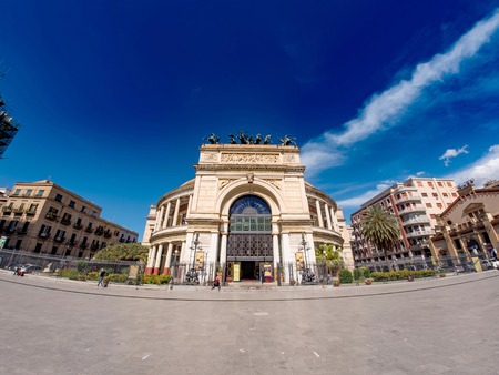 PALERMO, ITALY - CIRCA JUNE 2018: View on the historic architecture of the main square as people pass the iconic buildings of the old town  during the day circa June 2018 in Palermo, Italy.のeditorial素材