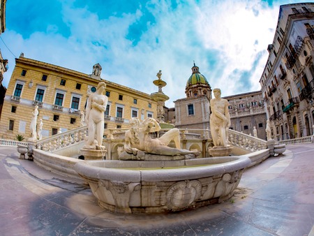 PALERMO, ITALY - CIRCA JUNE 2018: View on The monumental Praetorian Fountain in the heart of the historic centre on Piazza Pretoria circa June 2018 in Palermo, Italy.のeditorial素材