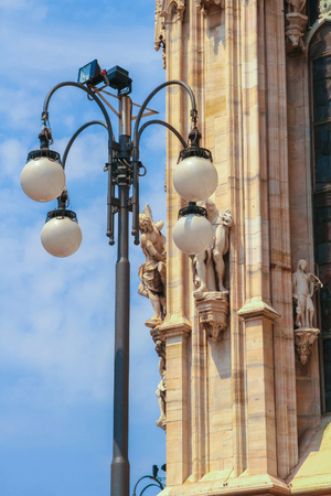 Closeup view of the details of Cathedral church of Milan, Italy on a sunny day.の写真素材