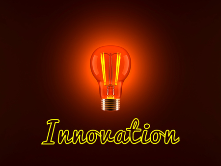 Conceptual 3D rendered illustration of a shining light bulb and the neon lit word Innovation.の写真素材