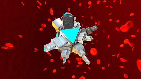 3D rendered Illustration of a medical microscopic Nano Bot floating in the blood stream .