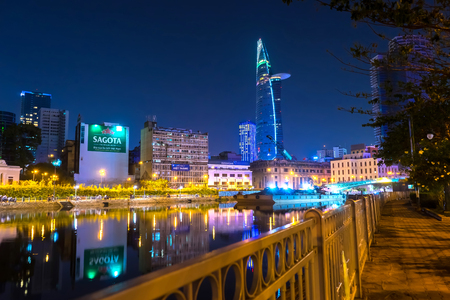 View of the river and the skyline in Ho Chi Minh City at nightのeditorial素材