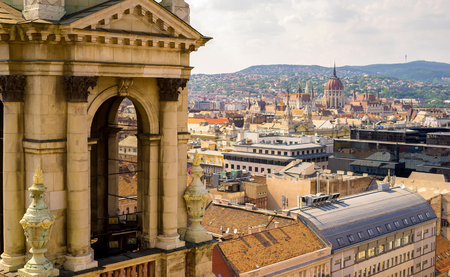 Panoramic view on the Parliament from the Basilica St. Stephens in Budapest, Hungary.の写真素材