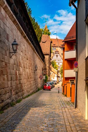 NUREMBERG, GERMANY - CIRCA MAY 2019: View on daily life in the historic centre of the medieval city circa May 2019 in Nuremberg, Germany.のeditorial素材