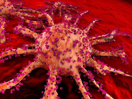 3D rendered Illustration of a growing Cancer cell spreading on healthy Tissue.の写真素材