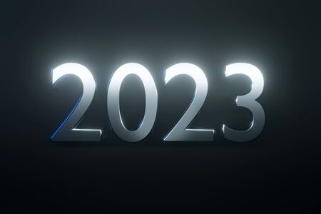 3D Illustration of the number 2023 for the year in metal letters..