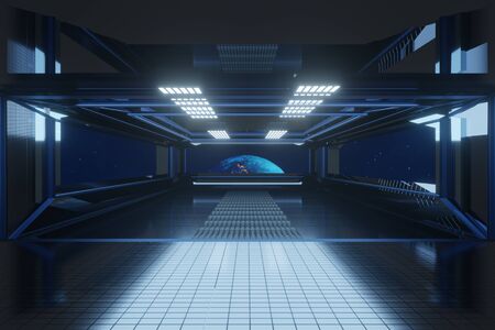 3D Illustration of a interior of a Space ship or Space station with Planet earth in the background.