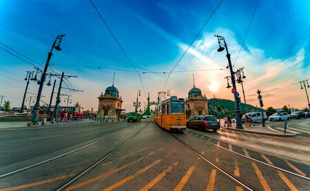 BUDAPEST, HUNGARY - CIRCA AUGUST 2019: View on the historic liberty Bridge in the center of the city as traffic and pedestrians pass by circa August 2019 in Budapest, Hungary.のeditorial素材