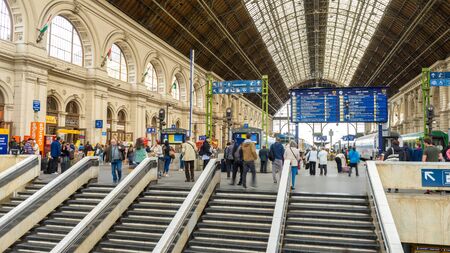 BUDAPEST, HUNGARY - JANUARY 17: View on the interior of the historic international train station as passengers pass by on January 17, 2017 in Budapest, Hungary.のeditorial素材