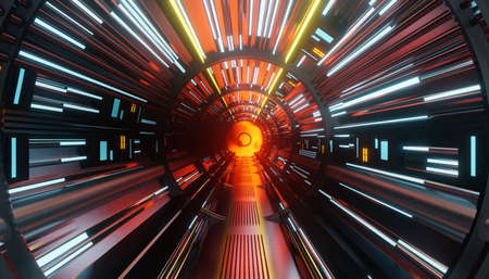 3d Illustration of a Explosion in a science fiction space ship or space station tunnel interior.