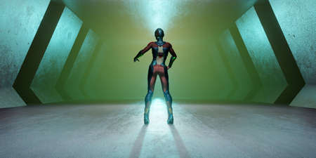 3D Illustration of a female astronaut standing in a industrial alien spaceship, space station or...