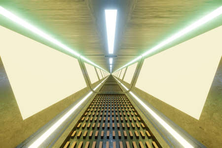 3D Illustration of a science fiction interior corridor, gangway or spaceship hallway.の写真素材