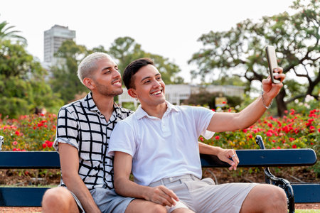 Young latin american gay couple taking selfies sitting on a bench in a public park on a sunny day.の写真素材