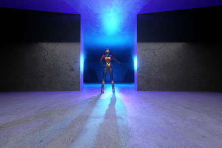 3D Illustration of a female astronaut standing in a industrial alien spaceship, space station or...