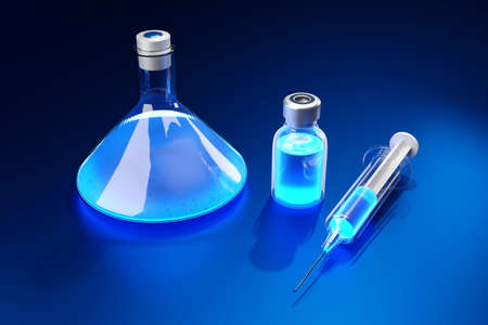 3D Illustration of a chemical in a Erlenmeyer flask, a syringe and a vaccine vial.の写真素材