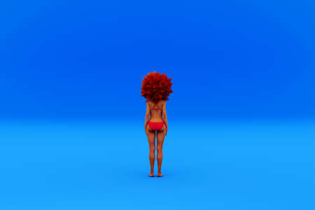 3D Illustration of a redhead woman with crazy hair standing in front of a yellow background.の写真素材