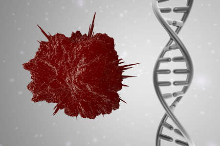 3D Illustration of a mutating stem cell with a DNA strand which defines its identity.