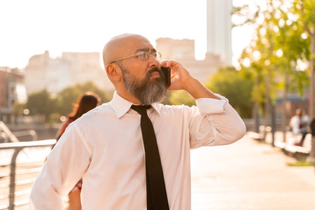 Serious Asian businessman talking on the phone at the harbour in a big city.の写真素材
