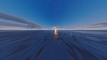 3D Illustration of a dried out ocean with a sunset and cloudy sky.の写真素材