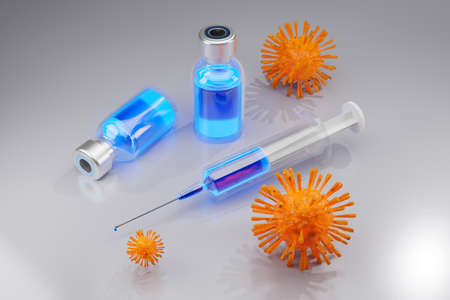 3D Illustration of a pharmaceutical virus vaccination set of a vial containing the vaccine and a...