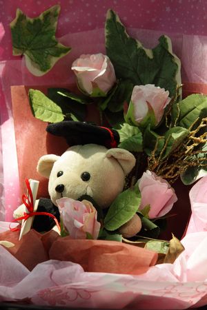 A graduation teddy bear bouquet with pink roses の写真素材