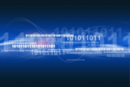 A technology-themed background with binary codes and vector shapes