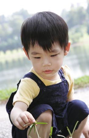 A curious boy having a look at some grassの写真素材