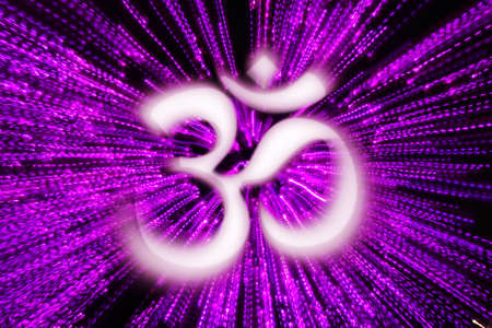 The character 'Ohm' glowing in the center of purplish streaks of lightsの写真素材
