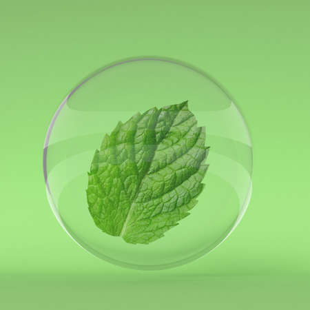3D mint leaf in a glass crystal ball