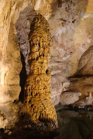 Stalactite-stalagmite column in Carlsbad Caverns National Park, New Mexico.  Beside reflecting pool of water.の写真素材
