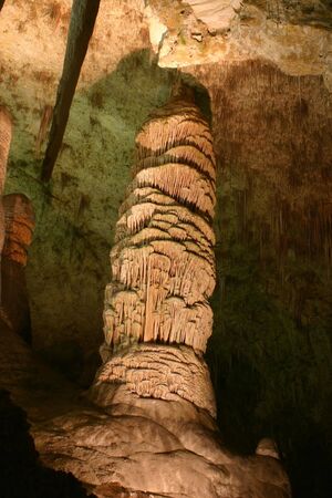 Rock formations inside Carlsbad Caverns National Park in New Mexico. Stalactites, stalagmites, and...