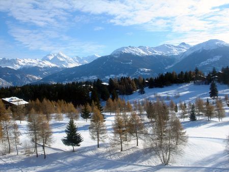 A general view of the ski resort of Crans Montana in the Swiss Alps in Valais in Switzerland.          の写真素材