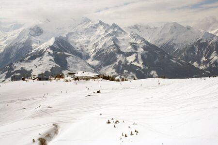 Scenery of mountains covered in snow in Austrian Alps in winterの写真素材