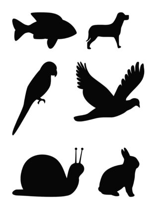 Set of animal silhouettes, fish, flying bird, parrot, snail, dog, and rabbit.の写真素材