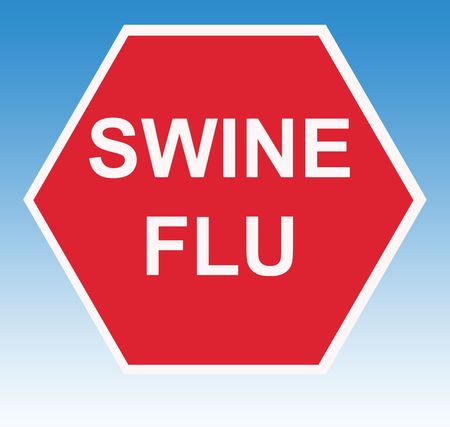 Swine flu warning traffic sign, isolated on blue sky background.の写真素材