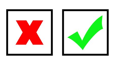 Green tick and red cross marks in two boxes, isolated over white background.の写真素材