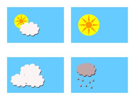 Four rectangular boxes showing different types of weather with copy space, isolaed on white background.の写真素材