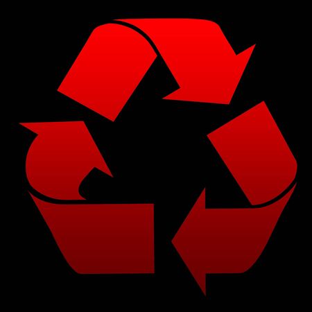 Red recycling symbol isolated on black background.の写真素材