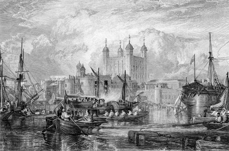 Tower of London with ships in port on River Thames, England, Engraved by William Miller in 1832. Public domain image by virtue of age.の写真素材