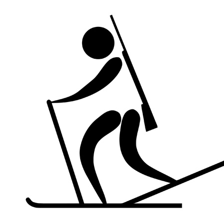 Black silhouetted biatthlon sign or symbol; isolated on white background. Skiing and rifle shooting. 
の写真素材