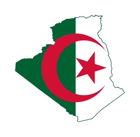 Algeria flag on map of country; isolated on white background.の写真素材
