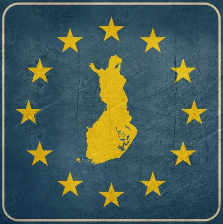 Grunge Finland, Finnish, map on blue and starry European button isolated on white background with copy space.
の写真素材